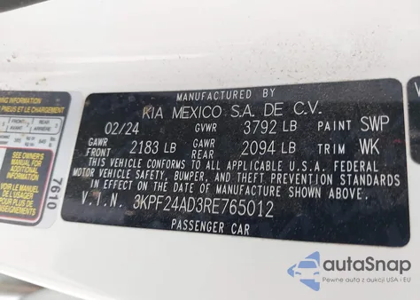 2024 Kia Forte Lxs из США, поврежденный, VIN 3KPF24AD3RE765012